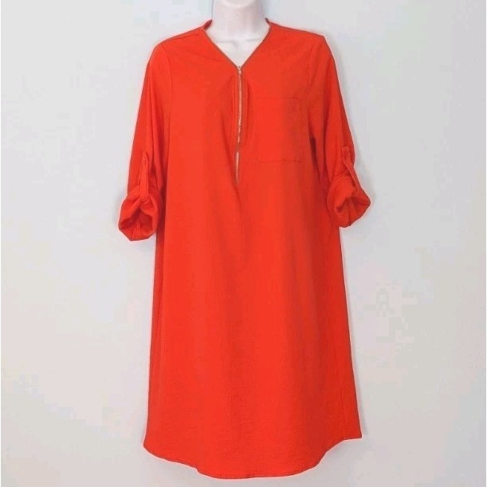 Tunic Dress Orange Women's XL 1/2 Zip Textured 70s Retro Vibe Roll Tab Sleeves
